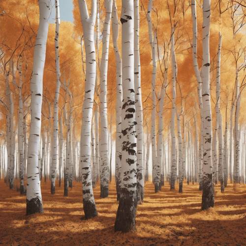 A grove of young white trees in an autumn forest, leaves painted with hues of orange and yellow.