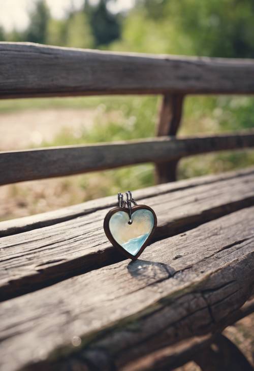 A soft watercolor painting of an old wooden bench where a simple half heart pendant lies left by a best friend. Taustakuva [06511eca85d24bd38a7b]