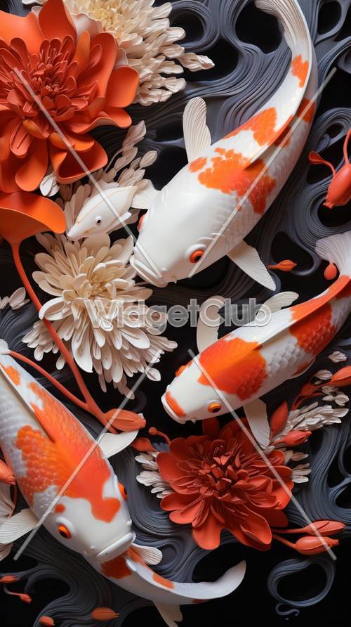 Arte colorido de flores y peces koi