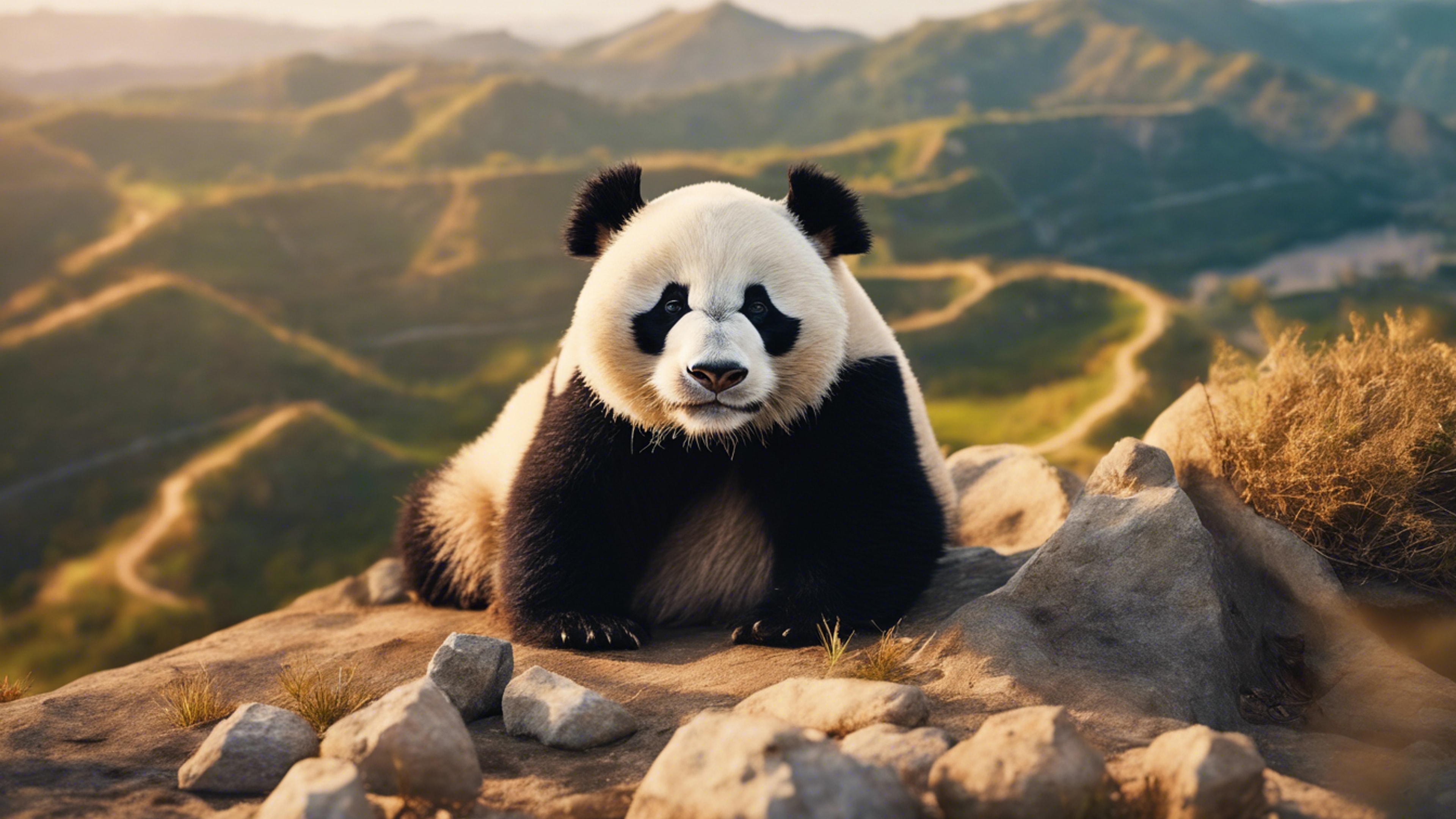 A proud panda basking in the warm sunlight, on a cliff overlooking a wide, beautiful valley. Tapeta[f1b4c4cbced14ad39a34]