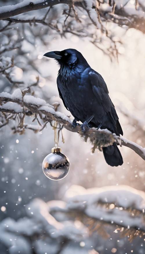 Seekor burung gagak bertengger di dahan yang tertutup salju, dengan pernak-pernik Natal di paruhnya, di bawah cahaya pucat bulan musim dingin.