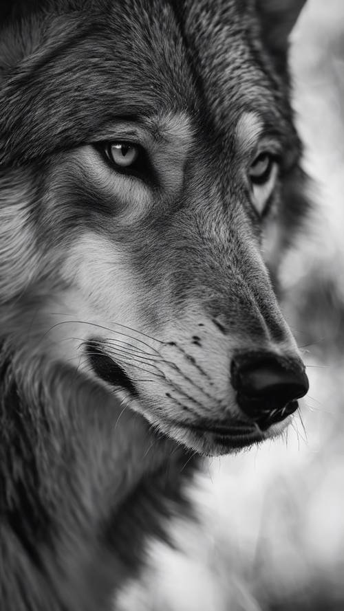 Tampilan close-up cemberut serigala yang terinspirasi dari noir monokrom, dengan detail tekstur dan nada suara yang cermat.