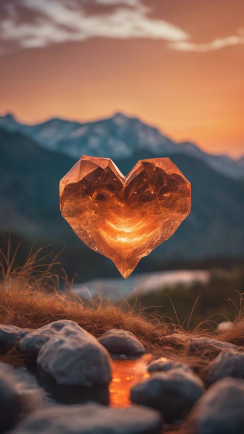 Aura bercahaya berbentuk hati memancarkan cahaya oranye hangat, melayang dengan latar belakang pegunungan yang menakjubkan.