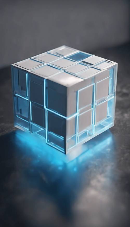 어두운 방에 네온 블루 빛이 떠 있는 큐브