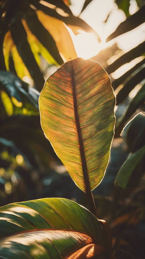 다채로운 열대 잎이 지는 태양의 따뜻한 색조로 빛납니다.