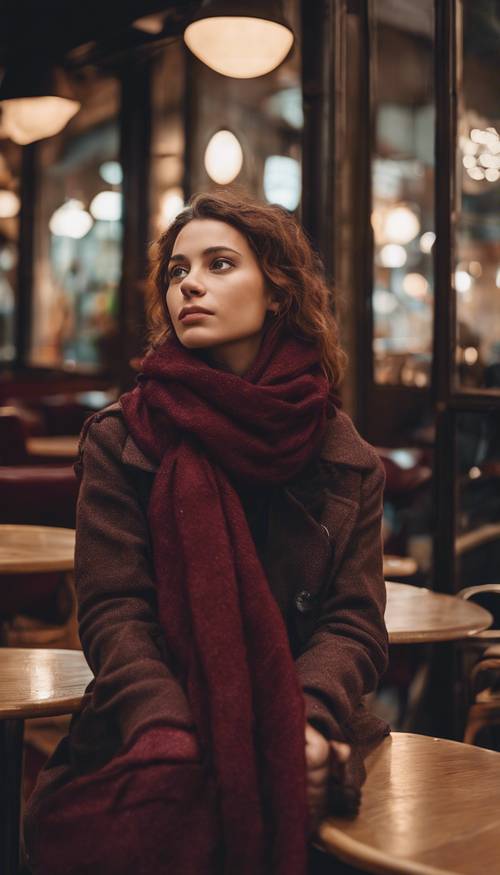 Une jeune fille portant un foulard bordeaux foncé, perdue dans ses pensées, assise dans un café parisien.