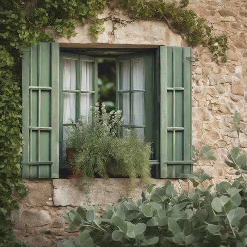 Une fenêtre de ferme avec des volets vert sauge, donnant sur un jardin rustique