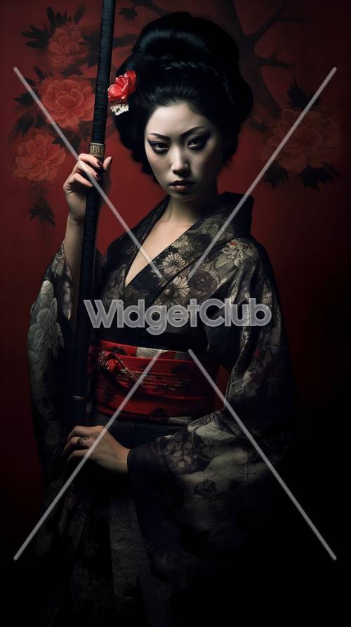 Misteriosa ragazza samurai con kimono floreale e spada