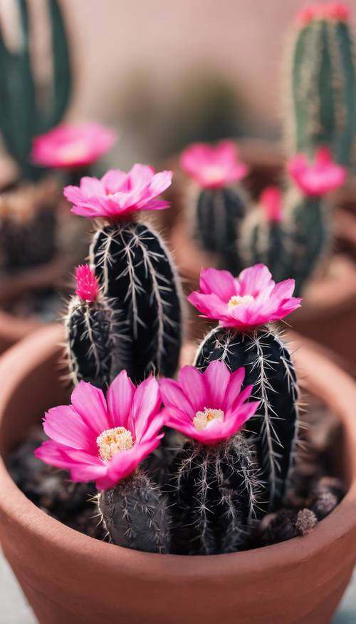 Un piccolo cactus nero con fiori rosa che sbocciano sulla sommità in un vaso di terracotta.