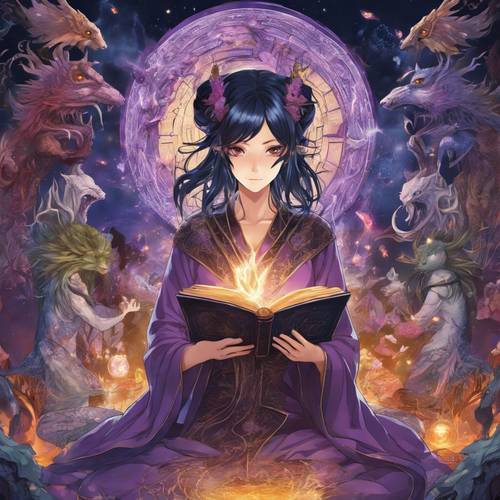 An anime enchantress with deep purple hair and intricate robes, casting a spell from a ancient book, surrounded by mystical creatures.