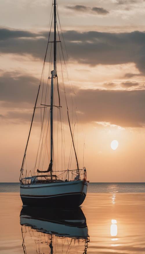 A calm nautical scene at sunrise with a sailboat anchored near a deserted island.