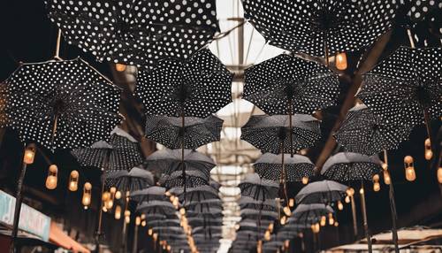 A row of black polka dot umbrellas hanging in an open-air market