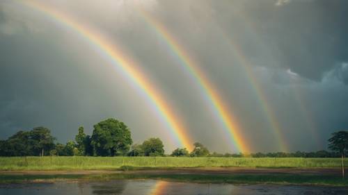 Immagine di uno splendido arcobaleno dopo un acquazzone con la citazione &quot;C&#39;è sempre un arcobaleno dopo la pioggia&quot;. 