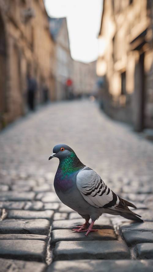 Una paloma parada en una calle adoquinada en medio de una ciudad antigua, con su hermoso plumaje gris claro brillando.