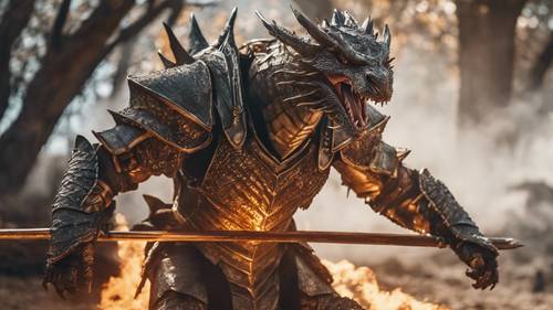Um cavaleiro guerreiro blindado montando um dragão de fogo em chamas em um campo de batalha.