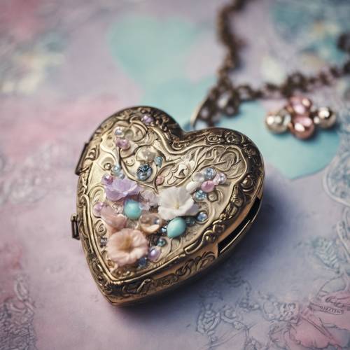 Un relicario de corazón vintage con adornos de colores pastel.