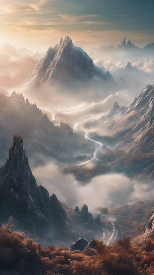一颗令人惊叹的山地星球，其顶点高达令人叹为观止，并被翻腾的薄雾所包裹。