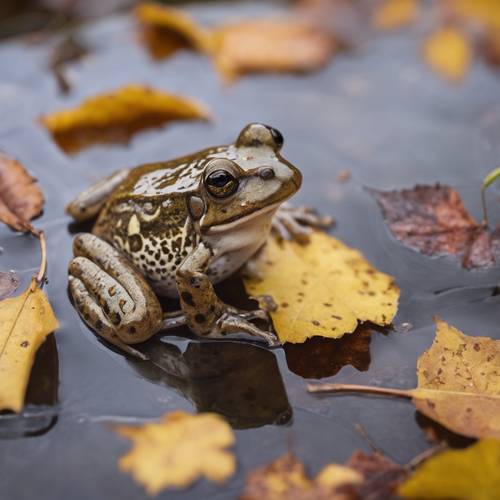 Zbliżenie na żabę z chóru borealnego, siedzącą pod żółtym jesiennym liściem i radośnie ćwierkającą.