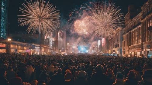Esthétique urbaine pittoresque de foules rassemblées pour regarder le compte à rebours et les feux d&#39;artifice du Nouvel An.
