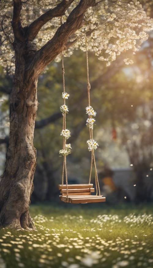 Un columpio rústico de madera colgado de un árbol viejo, rodeado de un suelo de margaritas.