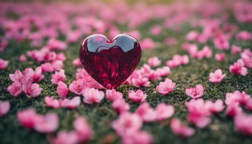 Un corazón de color rosa oscuro formado por pétalos de flores de cerezo en un campo de hierba.