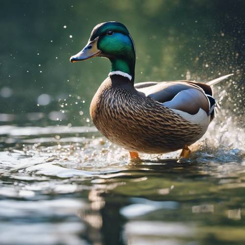 A serene scene of a duck with beautiful blue plumage, diving to catch fish in a crystal-clear lake.