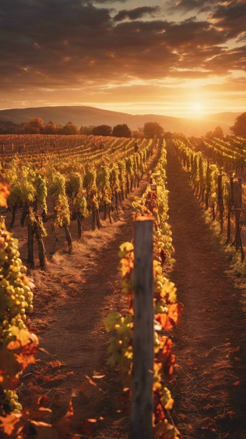 A vineyard glowing under the coppery light of an autumn sunset.