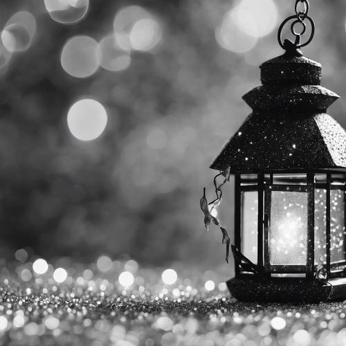 Uma lanterna rústica brilhando suavemente em uma nuvem de glitter preto e branco.