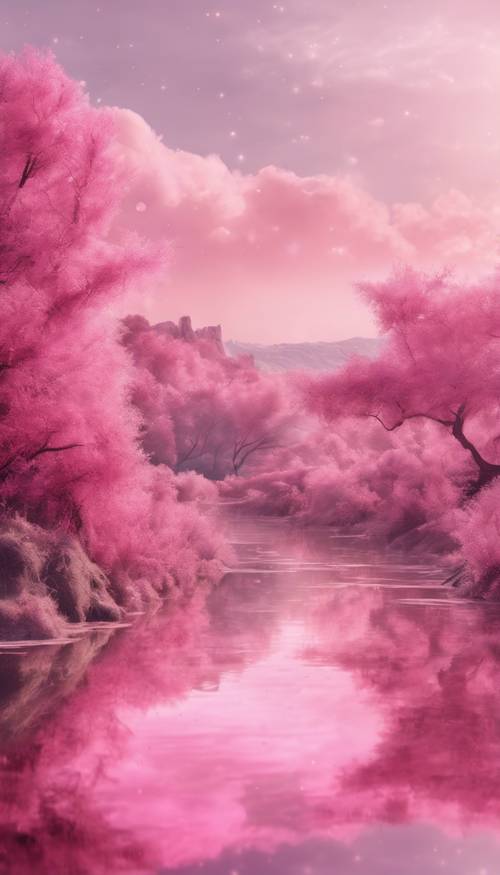 Сюрреалистический сказочный пейзаж, нарисованный розовыми акварельными красками.