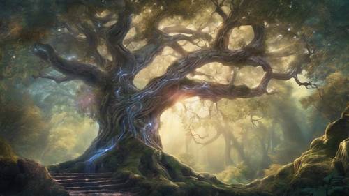 Uma árvore antiga no coração de uma floresta mágica, brilhando com runas místicas.