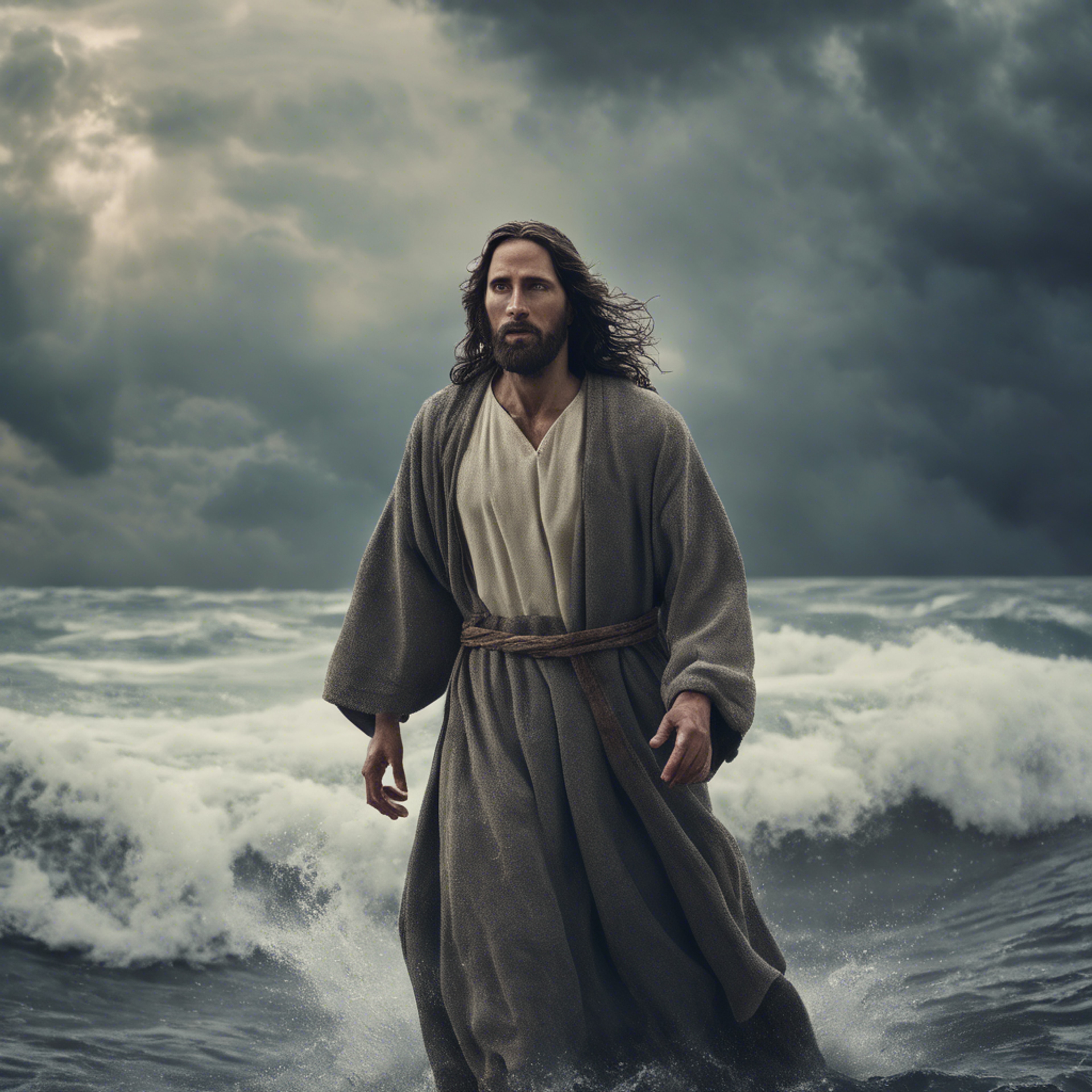 Jesus Christ calmly walking across a stormy sea under a dramatic, cloudy sky. Sfondo[40d9c306725247569090]