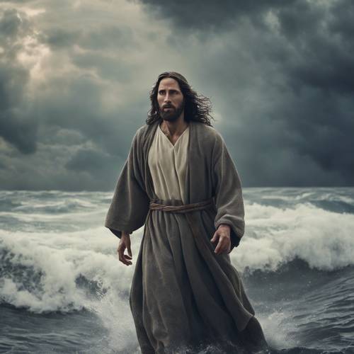 Jezus Chrystus spokojnie przechodzi przez wzburzone morze pod dramatycznym, pochmurnym niebem.