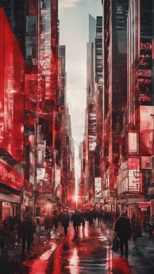 A stark red collage featuring elements of a bustling cityscape.