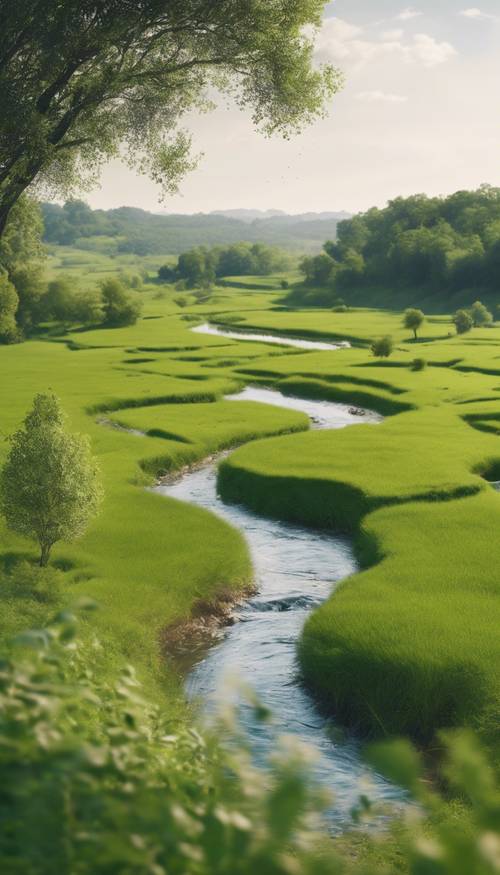Pemandangan hijau yang tenang di siang hari, dengan padang rumput melimpah yang membentang luas dan sungai berkelok-kelok mengalir lembut di tengahnya.