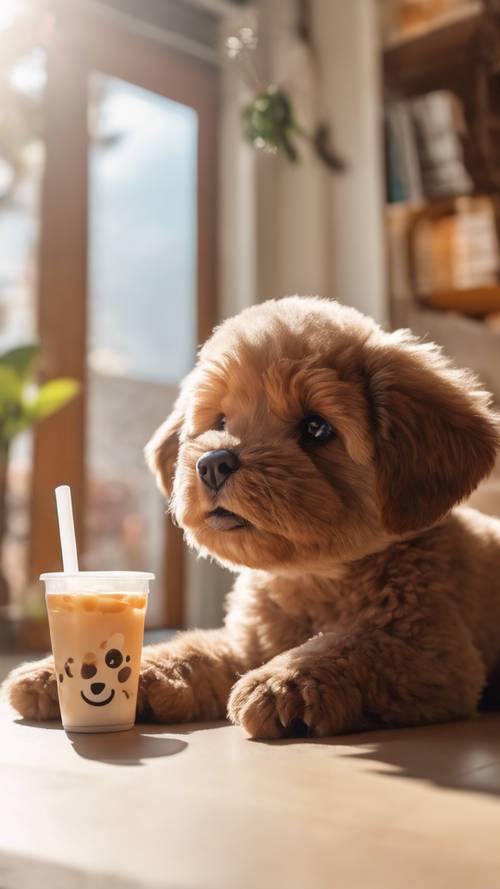 A happy and fluffy brown puppy, chewing and frolicking with a large boba milk tea plush toy in a bright, sunlit room.