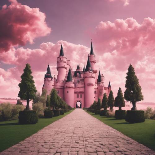 Różowe chmury tworzące ścieżkę prowadzącą do wielkiego zamku.