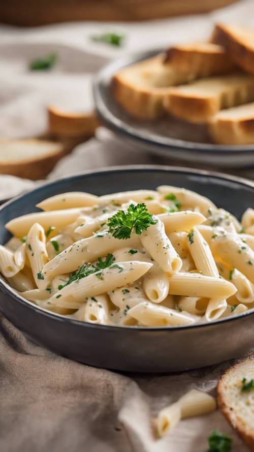 Penne pasta smothered in a creamy, garlic-infused alfredo sauce, served with a side of toasted garlic bread. Tapet [da4b7e82a4ed42fe909f]