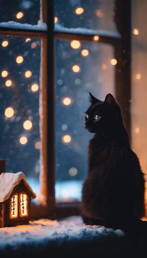 Um gato preto com olhos brilhantes sentado no parapeito de uma janela com vista para uma vila escura de biscoitos de gengibre de Natal.