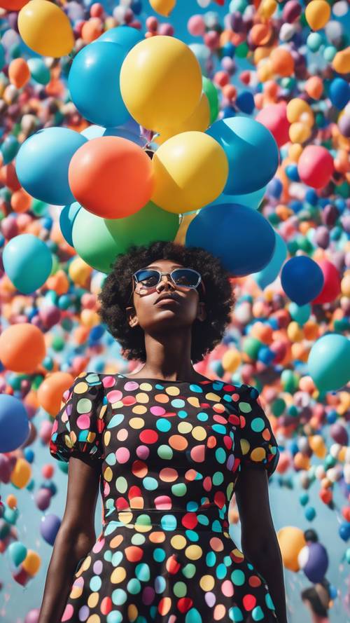 Uma garota negra com um vestido de bolinhas e um balão, viajando pelo céu, sustentada por uma enxurrada de balões coloridos.