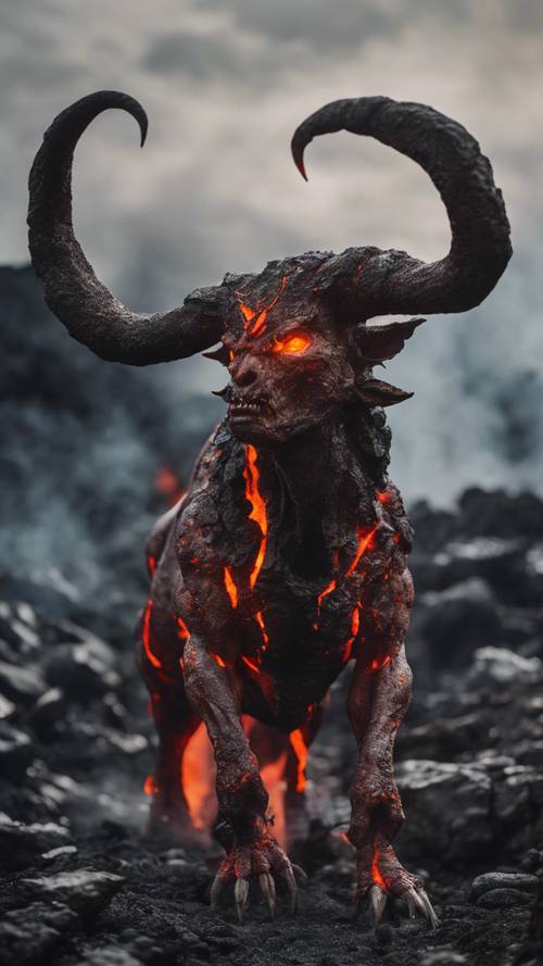A horned beast with lava flowing beneath the cracks in its rocky skin, walking out of a volcano.