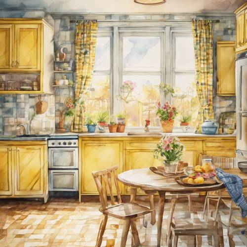 A watercolor styled illustration of a preppy checkered kitchen with bright yellow cabinets and a lively floral curtain.