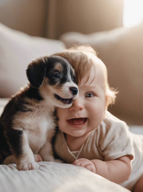 A baby's joyous face as it pets a puppy for the first time.