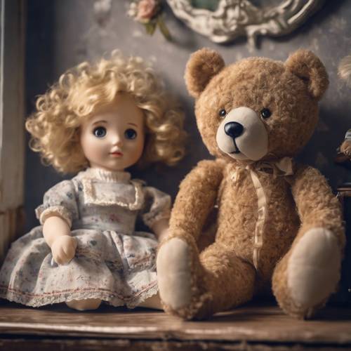 A stuffed teddy bear next to a porcelain doll in an old-fashioned child's room.