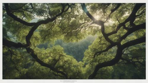 Uma vista aérea de uma tranquila paisagem florestal, com a citação &quot;A vida de paz interior, sendo harmoniosa e sem estresse, é o tipo mais fácil de existência.&quot; entrelaçada na copa das árvores.