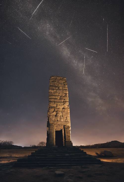 Meteor shower streaking across the sky over an ancient stone monument.