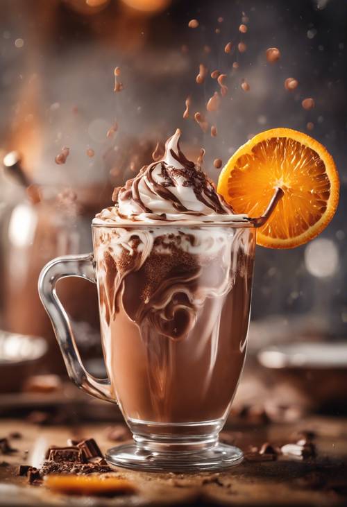 熱巧克力和橙子糖漿在透明杯子中旋轉的混合物。