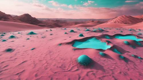 مشهد سريالي لكوكب غريب ذو رمال وردية باردة وسماء فيروزية.