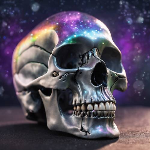 A gray skull basking in the light of an iridescent aurora borealis.