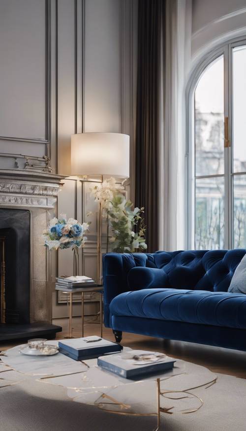 Sofa beludru biru tua yang elegan terletak di ruang tamu yang bergaya