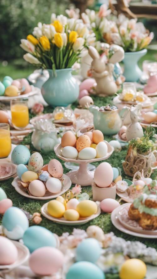 Eine adrette Osterparty in einem üppigen Garten, der Tisch gefüllt mit pastellfarbenen Eiern, Osterhasen-Dekorationen und Brunch-Speisen.